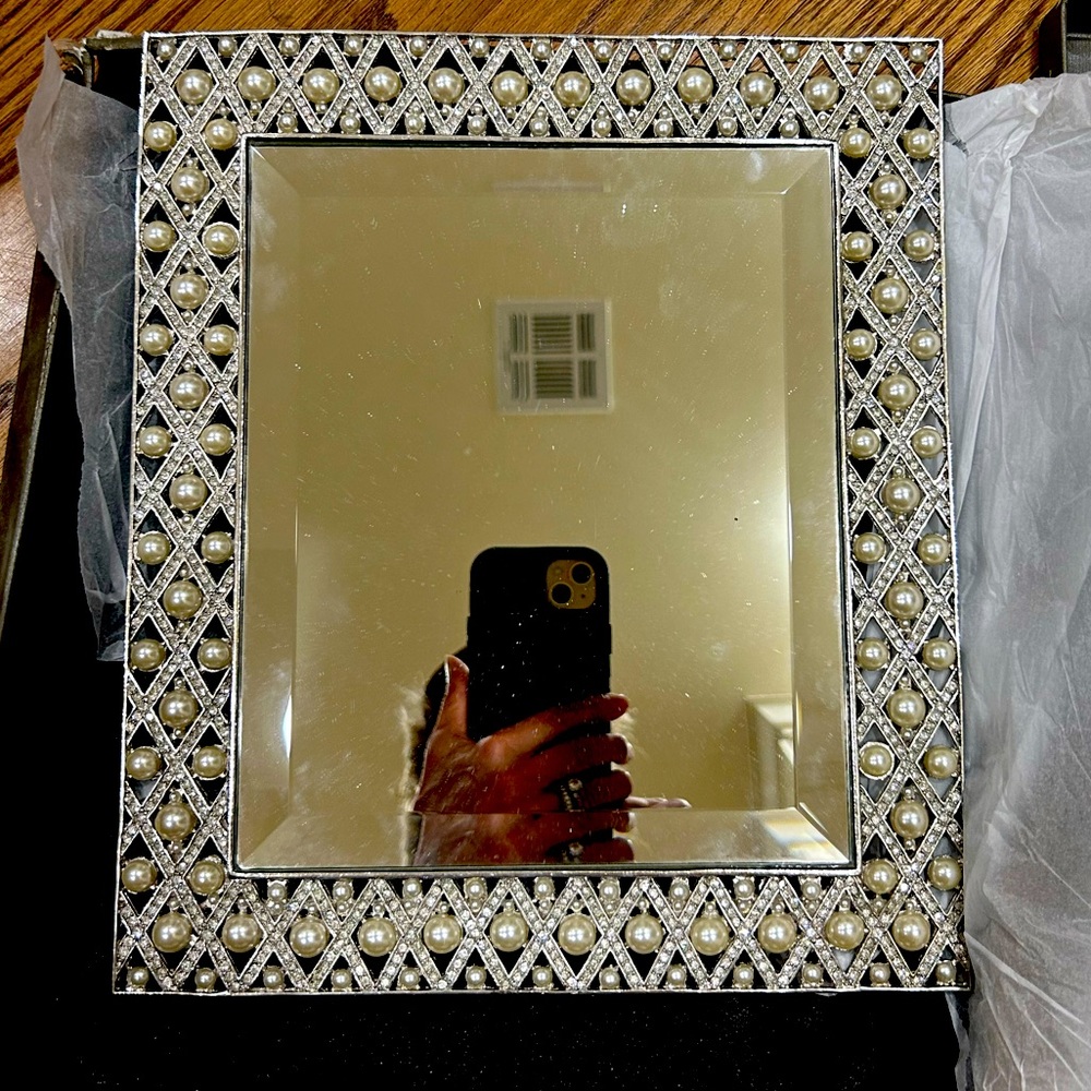 Beautiful Olivia Riegel Mirror with Silver Pearl and faux diamond Frame.